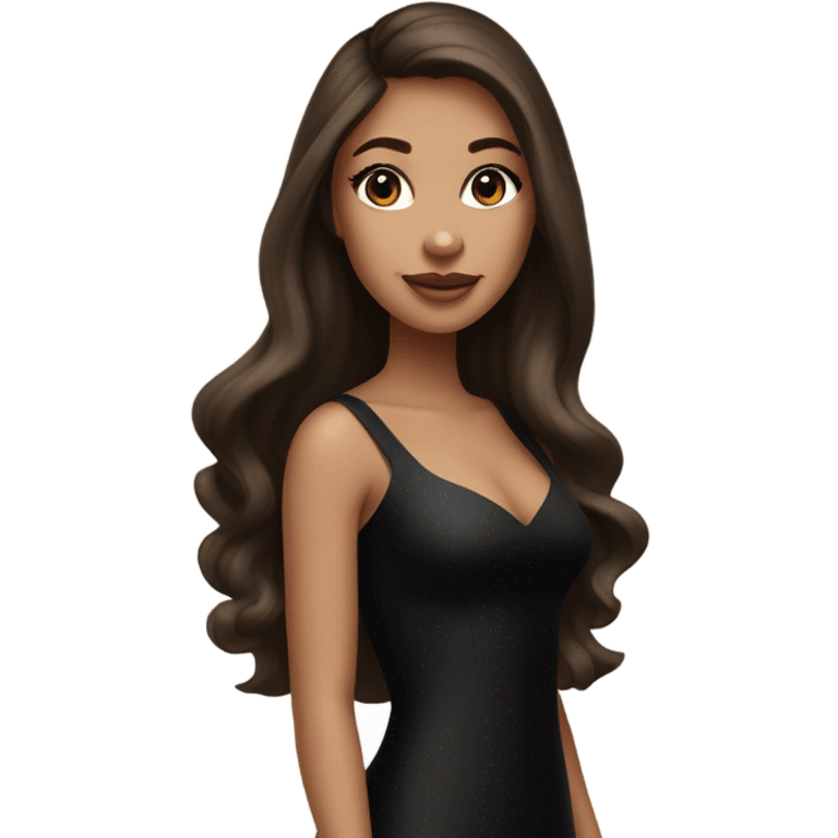 Fair skin Girl wearing long black bodycon dress with lashes and makeup on and long straight brown silky hair and wearing black heels emoji