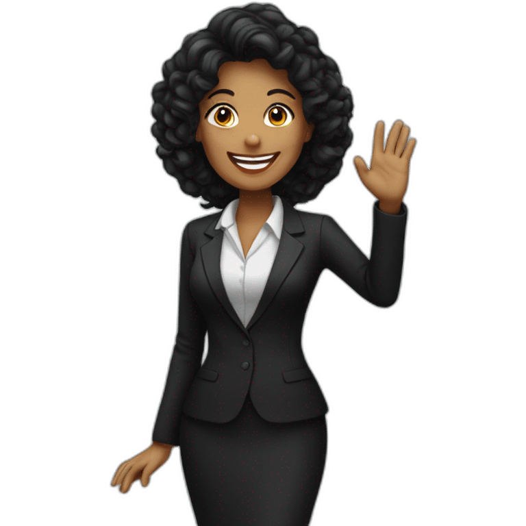 Bussiness woman waving hand with happy face in black clothes  emoji