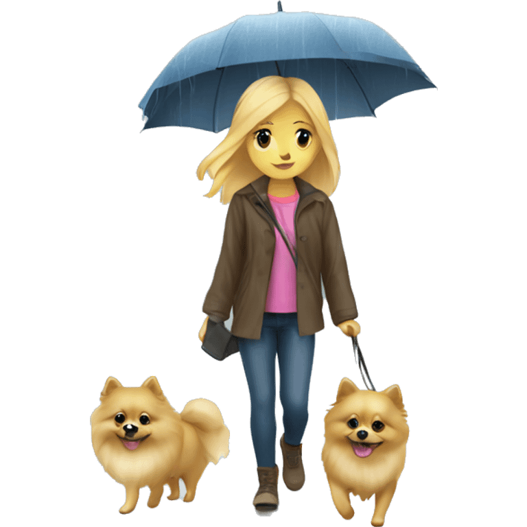 Blonde girl walking little pomeranian under the rain emoji