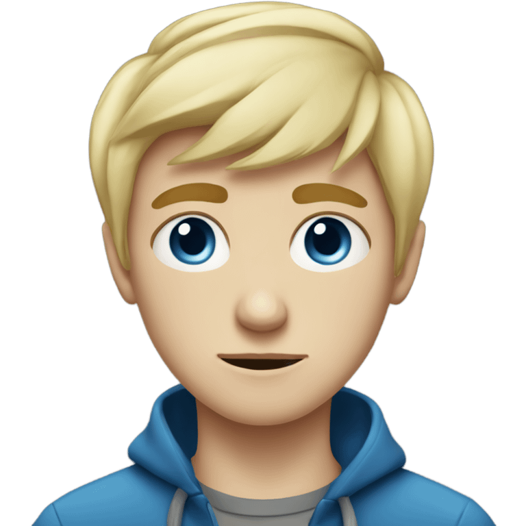 Blond teen boy with medium short hair, blue eyes, glum emoji