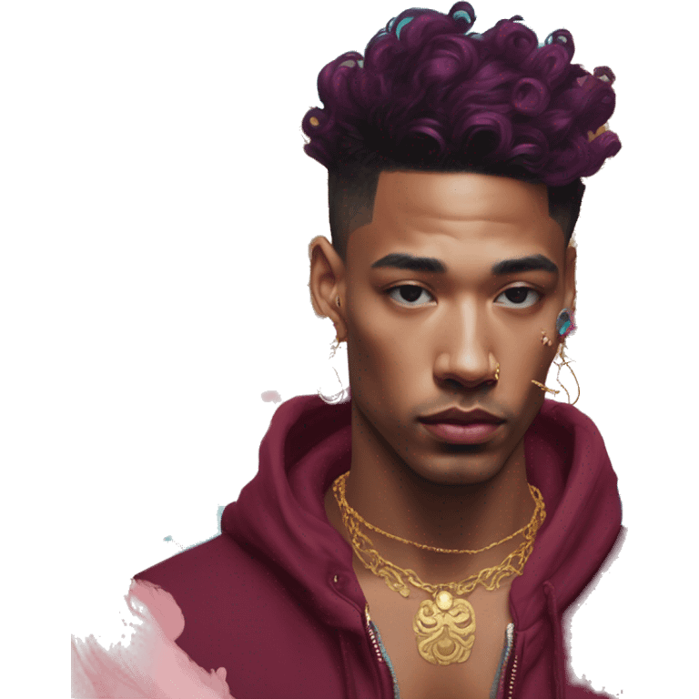 Vintage painting swirls gold jewellery baroque raven wings angel tropical Deep pink maroon burgundy cyan dark hoodie man vitiligo dyed hair gold piercings nose piercing ear piercings emoji