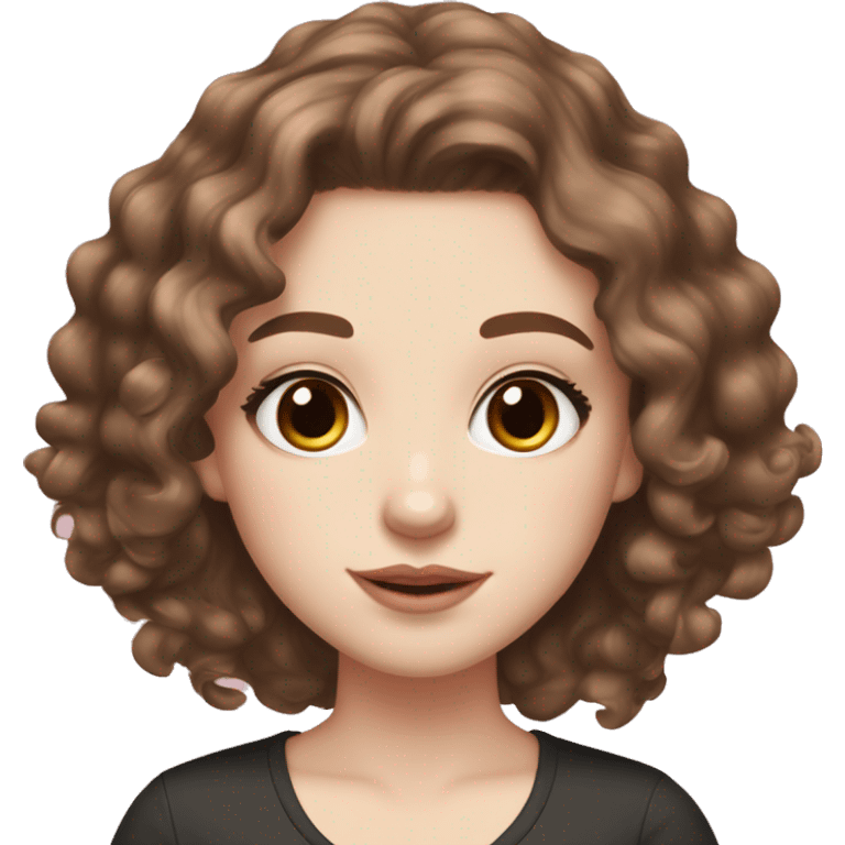 Teenage girl with pale skin and pink blush, light brown eyes chocolate brown wavy to curly hair medium lashes, and eyebrows emoji