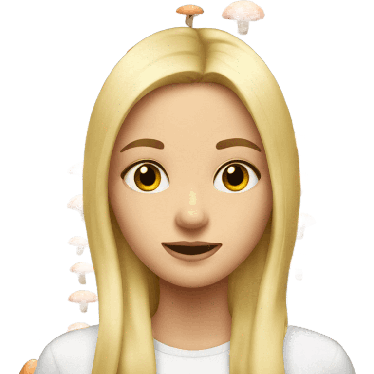 blonde girl looking at viewer with mushrooms in background  emoji