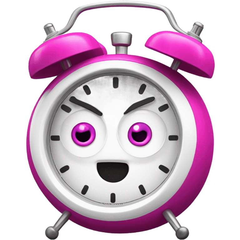 A fucsia alarm clock with eyes and a white dial for a face emoji