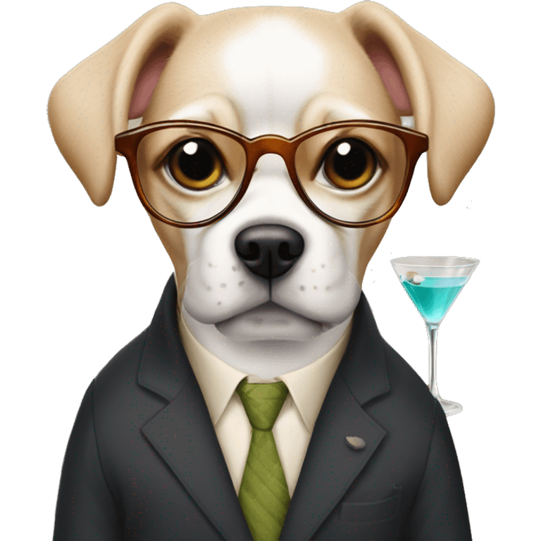 dog wearing glasses and having a glass of martini in her hands emoji