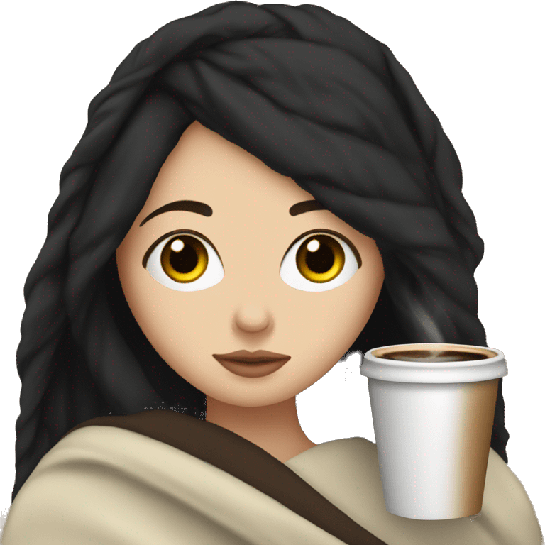 a white girl black hair wrapped on a blanket drinking coffee emoji