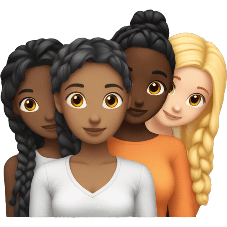 Four girls hugging one blonde one orange hair one black hair with braids and dark skin and lastly one with black hair emoji