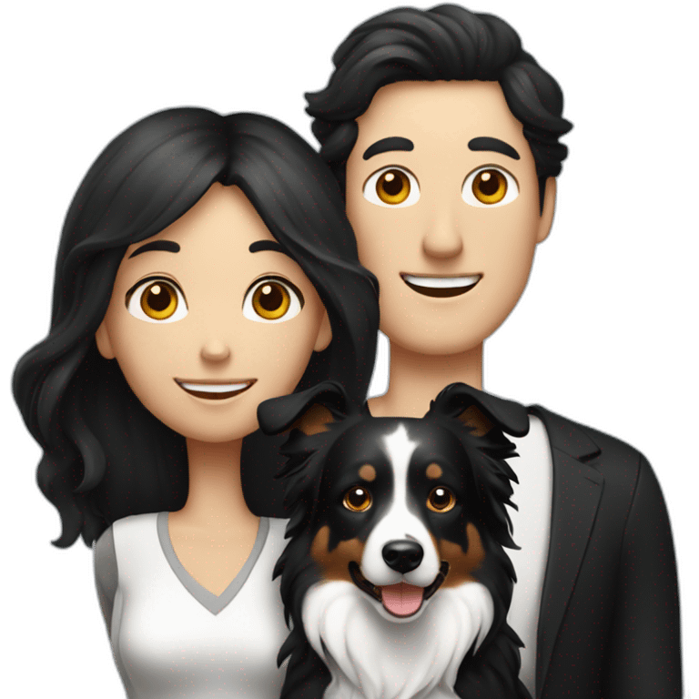 Family formed by a White man on hat and a White woman with long black hair and one small black dog border collie emoji