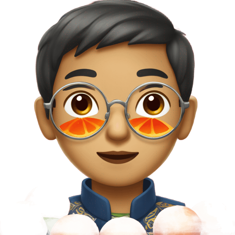 portrait of a cute Filipino boy with mandarin oranges for chinese new year plus round metal frame specs and red chinese ampao emoji