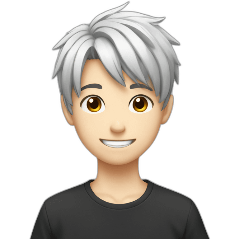 anime boy cartoon smiling with short haircut and black and white t shirt emoji