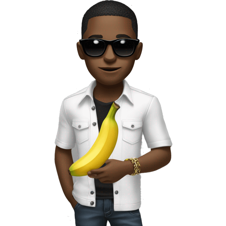 Young black male with a banana in his hand wearing soulja boy sunglasses  emoji