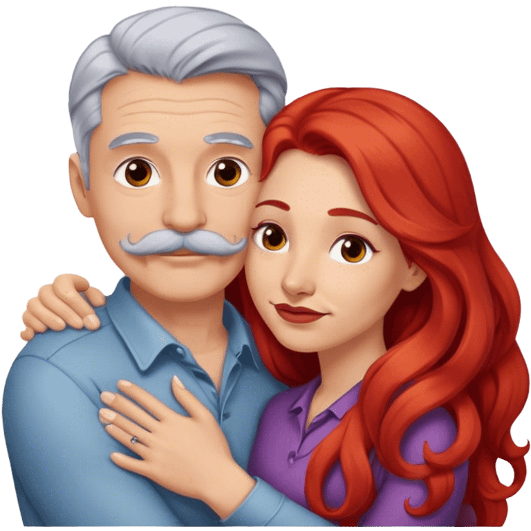 Long red hair woman and young gray hair man with mustache hugging emoji