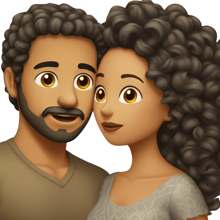 Mexican guy with facial hair and tan curly hair girl kissing emoji