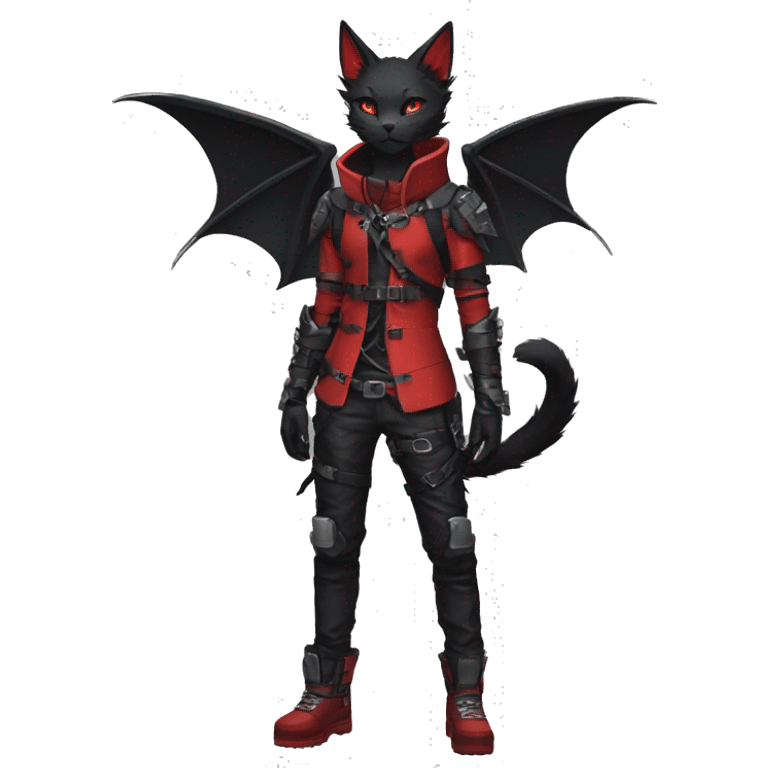 Anthro cool cute edgy elegant pretty black punk techwear red fantasy nargacuga-bat-cat-Fakemon collar harness warrior full body emoji