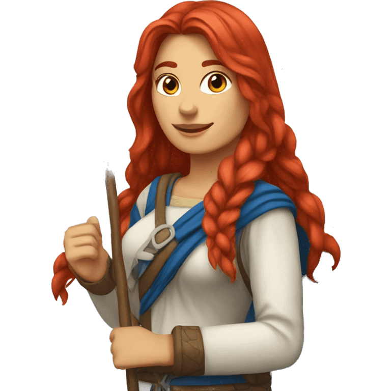 a red long hair female mountain summiteer with greek flag emoji