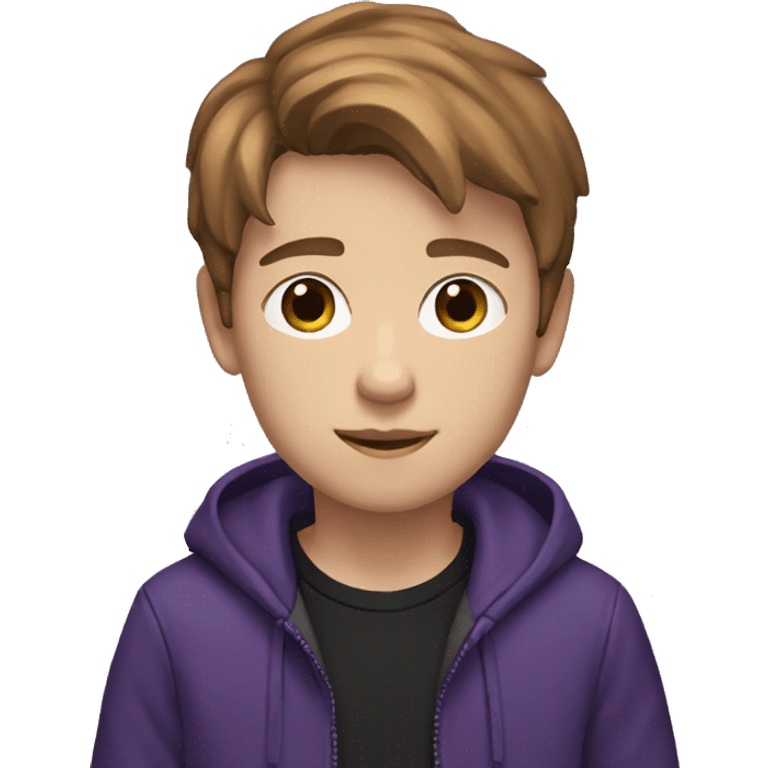  Draw a 12-year-old boy with brown fair hair and wearing a brown and black t-shirt and a jacket that is a mixture of purple and black. emoji