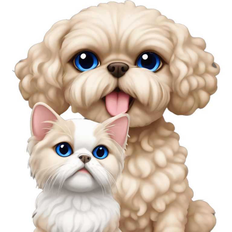 Beige curly fur Devon Rex Cat with blue eyes sitting next to a larger beige shih tzu  dog  emoji