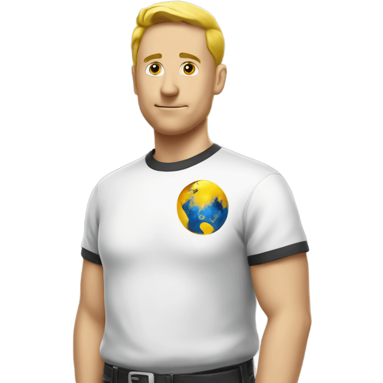 white man with a world and electric sign on his shirt  emoji