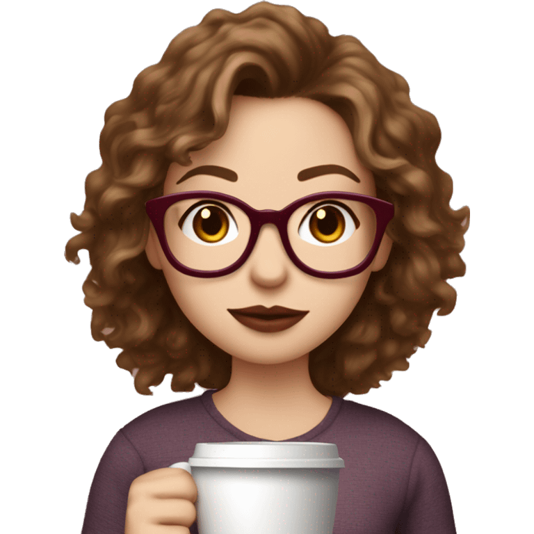 white girl with dark blonde messy hair, freckles on cheeks and nose, wearing burgundy glasses, holding coffee, wearing shirt that says "mom life" emoji