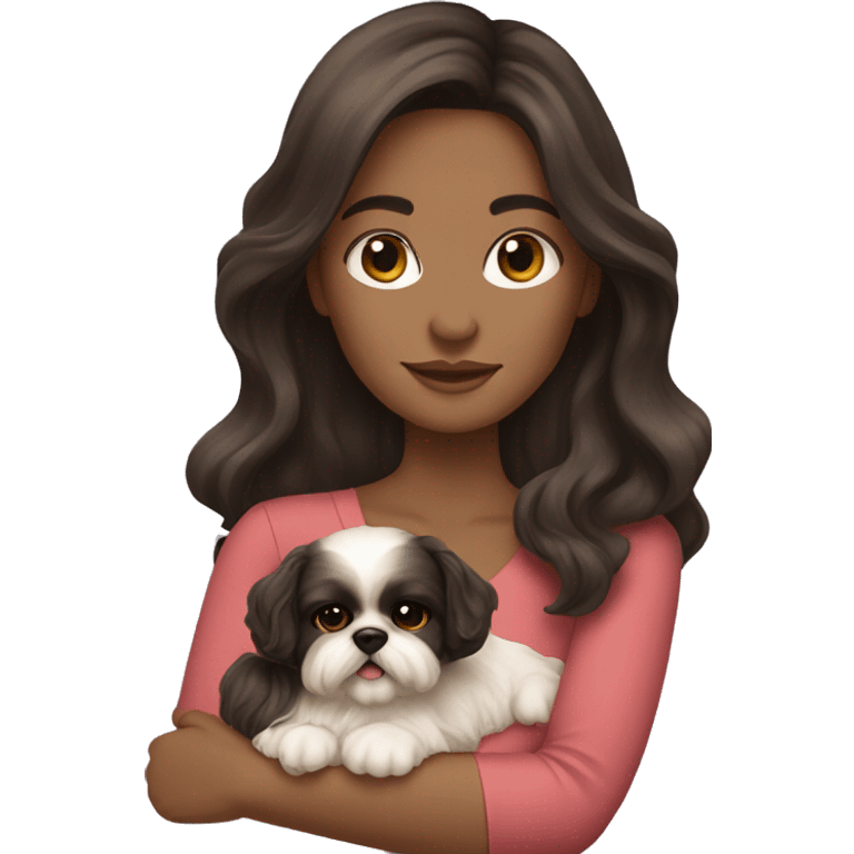 Young dark brunette medium kin hair woman with a golden shih tzu in her arms long wavy hair emoji