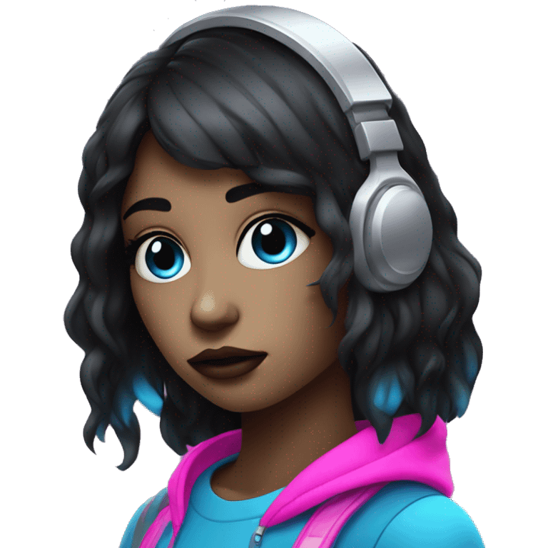 Girl, dark hair, neon pink blue, music, cry, emoji, cartoon, futuristic  emoji