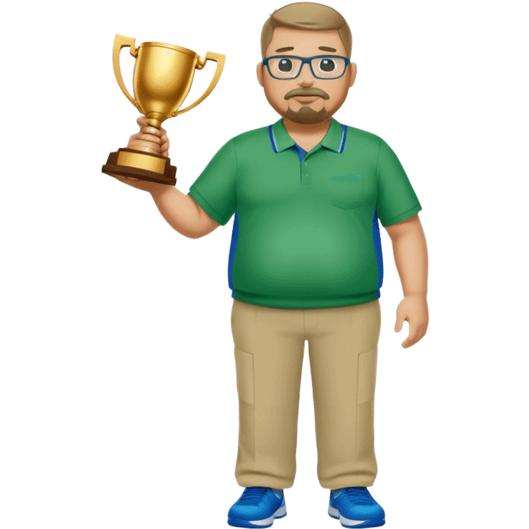  full body white obese male basketball coach with trophy. Goatee , Wearing glasses and blue and green nike polo shirt and khaki pants emoji