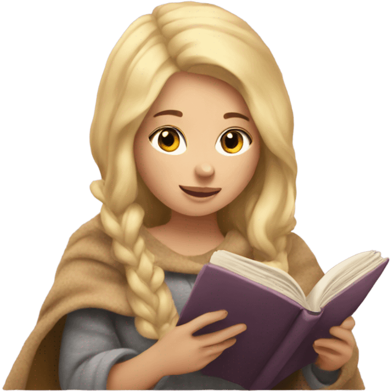 Cozy blonde girl reading book with blanket emoji