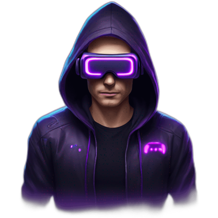 Russian man in the black hoody with violet OMG VR logo on it wearing vr headset. Cyberpunk style. Violet neon. emoji