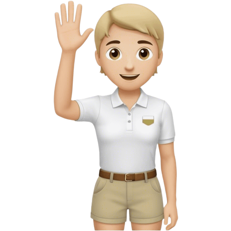 Pool attendant. white polo shirt. khaki shorts. waving emoji