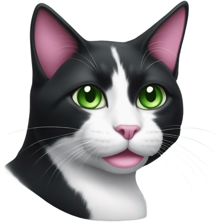 Black and white cat with pink nose and green eyes emoji