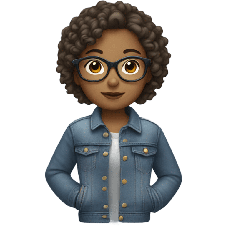 girl wth curly short brown hair with aviator glasses and denim jacket emoji