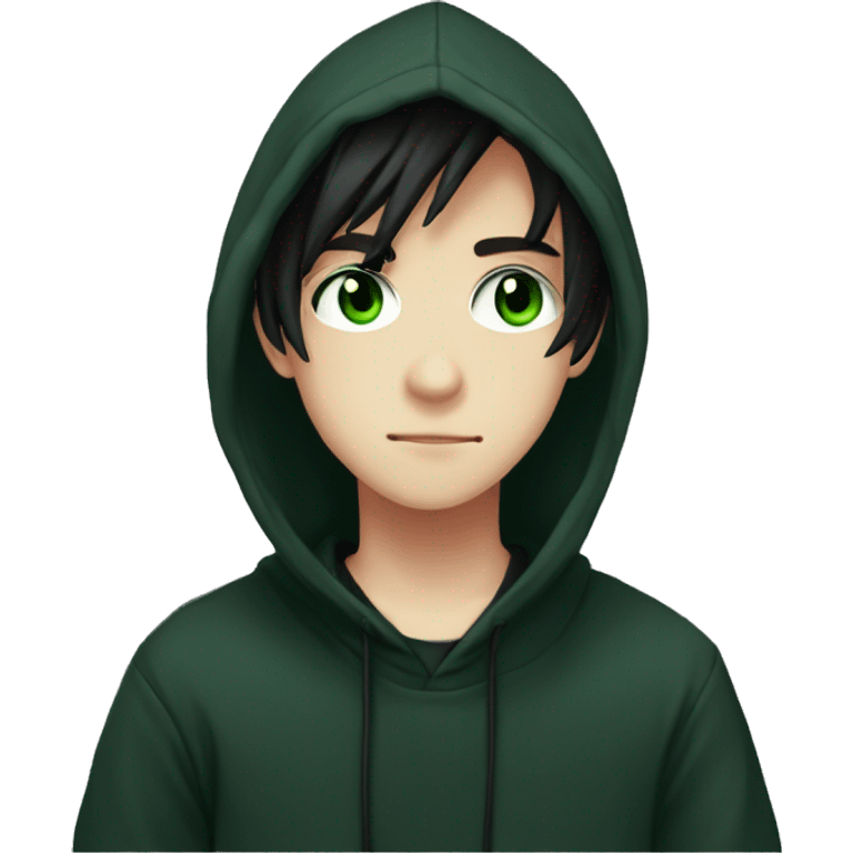 anime boy dark hair dark green eyes in black hoodie in love  emoji