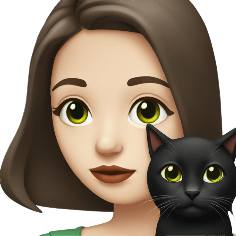 A teenage girl with white skin, she have some green hazel eyes, red lipstick, mid long straight dark brown hair, she have an eyeliner and she is holding a black cat in her arms, view from close emoji