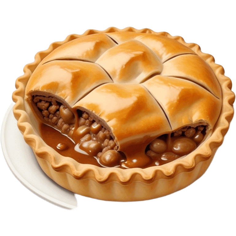 Cinematic Realistic Meat Pie Dish Emoji, showcasing a flaky pastry filled with rich, hearty meat gravy, rendered with lifelike detail and warm, inviting lighting. emoji