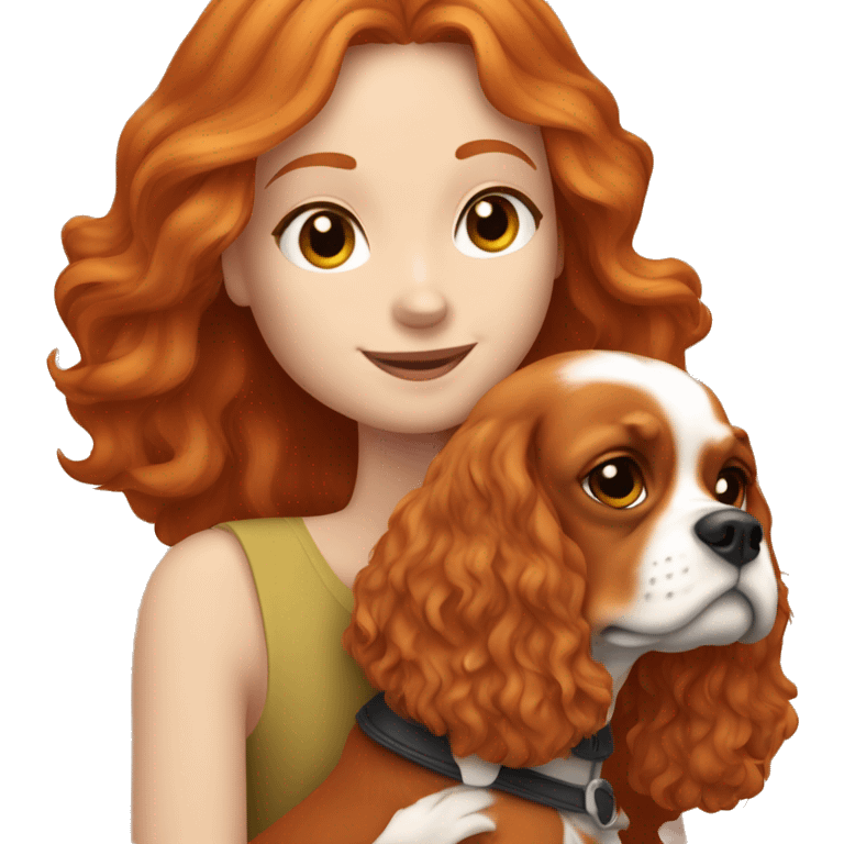 Ginger hair girl hugging a Cavalier King Charles Spaniel dog emoji