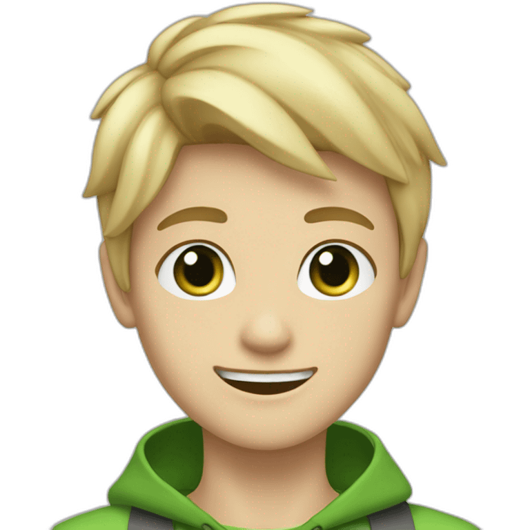 Blonde teen boy with medium short hair, green eyes, waving hi to the camera emoji