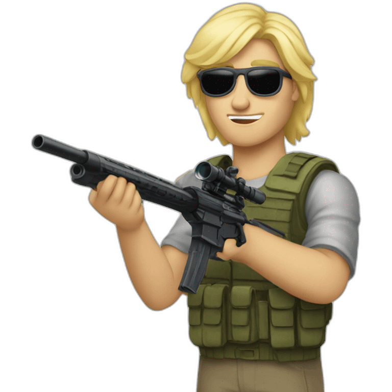 Blonde guy with sanglasses holding a sniper emoji