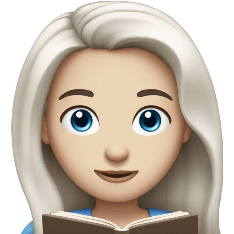 White skin with long dark hair, blue eyes, reading a book emoji