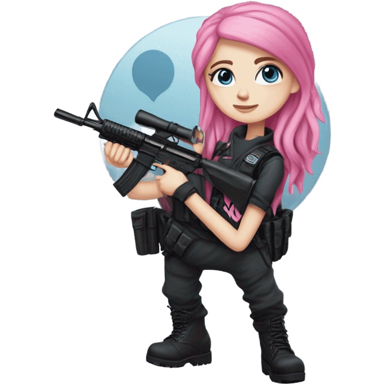 girl, white skin, tactical vest, dark pants, long pink hair, blue eyes, black beanie hat with crescent moon on front, black combat boots, gun, full body emoji