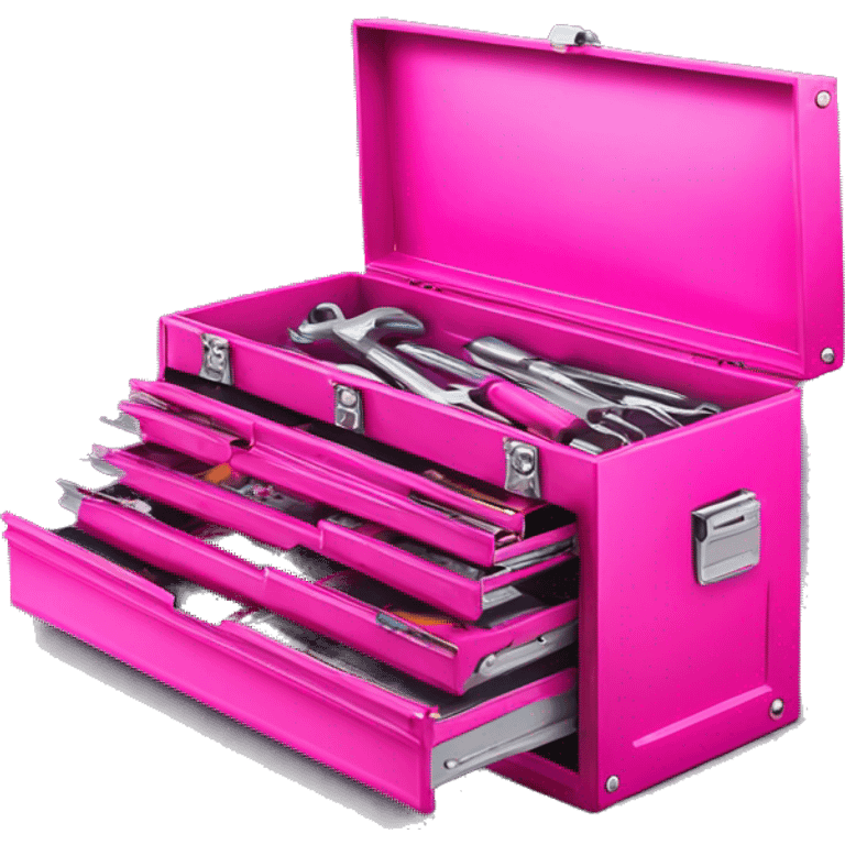 Realistic metallic hot pink tool box with top open and tools inside of it isolated.  emoji