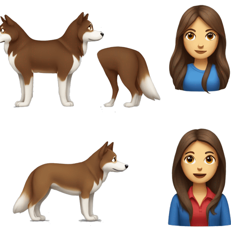 Long Brown hair woman sitting with a red husky with blue eyes emoji