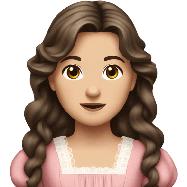 Carrie Ingalls pretty with long dark brown wavy hair realistic and detailed wearing a pink dress emoji