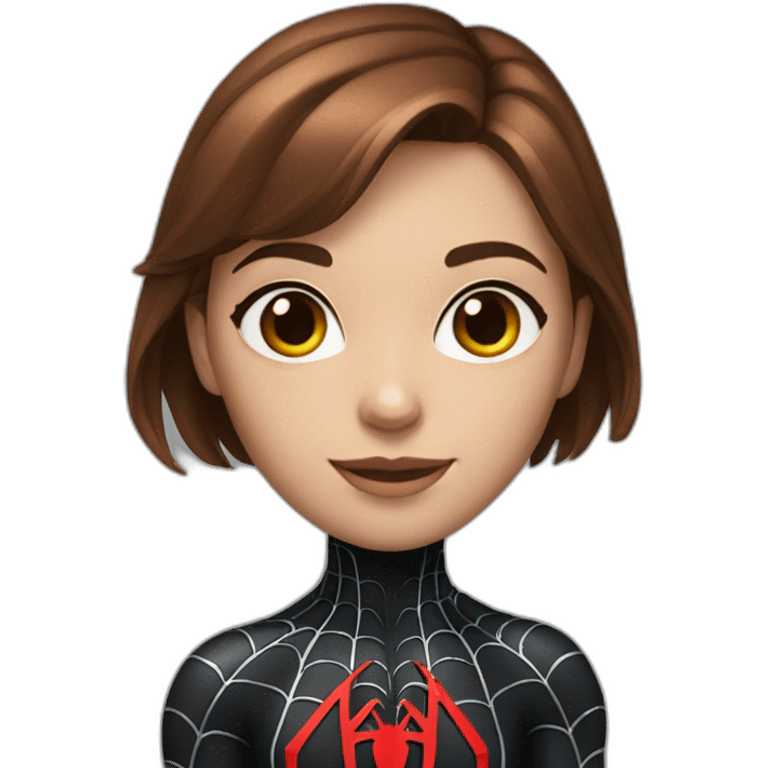 Girl with brown hair and spider-man suit and silver eyes emoji