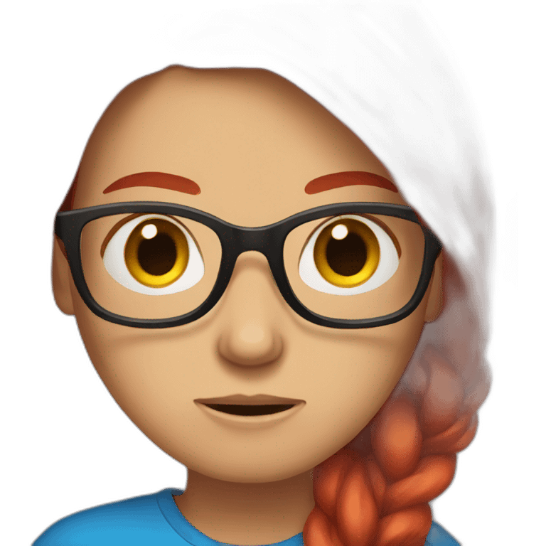 female with long bright red hair and glasses angry with blue eyes and red shirt emoji