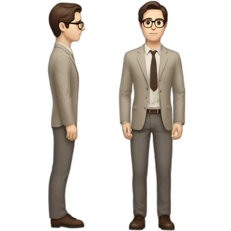 Full height Pale skinned fit man with dark brown hair in gray jacket, beige office shirt, brown tie, brown pants and vintage glasses. His right hand stretched out emoji