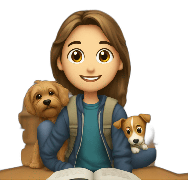 imagen estilizada de un estudiante junto a sus libros y una mascota emoji