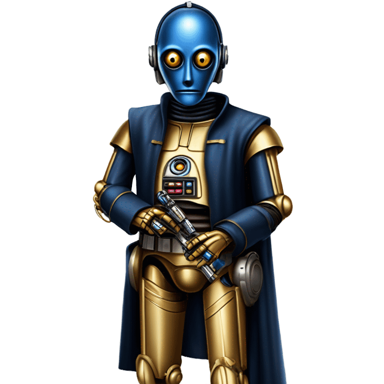 tough well-equipped jedi first order life-sized darkblue-pearl C3po as a friendly bounty hunter droid wearing a leather attire old west duster coat holding light saber ready  emoji