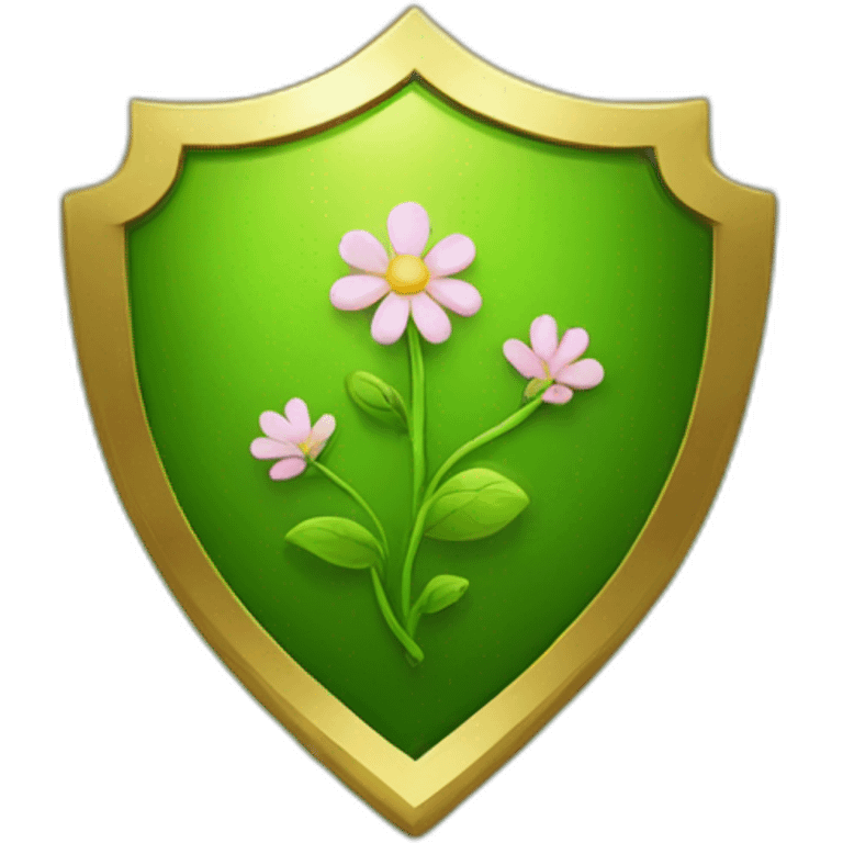 green shield with a gold border and a sprouting flower at the centre emoji