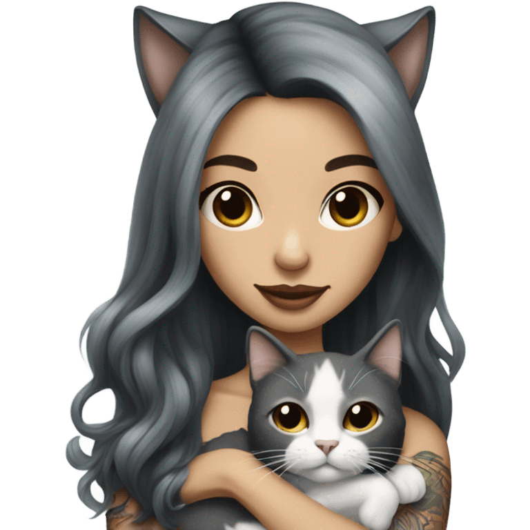 Beautiful dark haired tattooed woman holding gray and white long hair cat emoji