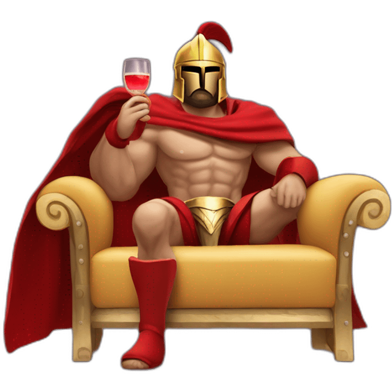 The Spartan Leonidas and his red cape with a cocktail in hand and his helmet under his arm relaxing on a sofa. emoji